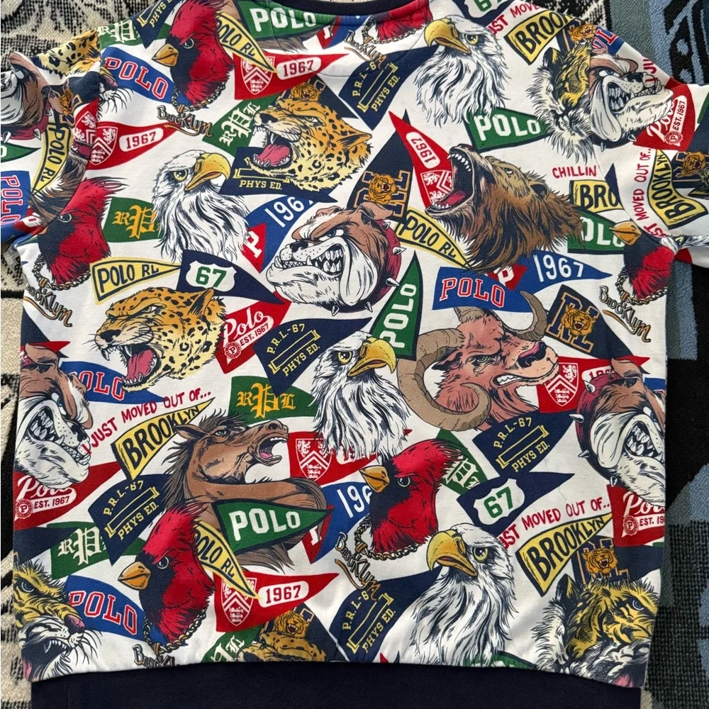 Polo Ralph Lauren University Mascot Graphic Scripted Patchwork Crewneck Sweater